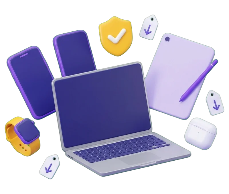 Ilustração de um portátil, um telemóvel, um tablet com caneta, um relógio inteligente e um estojo de auriculares, com um selo de verificado e etiquetas de preço a descer