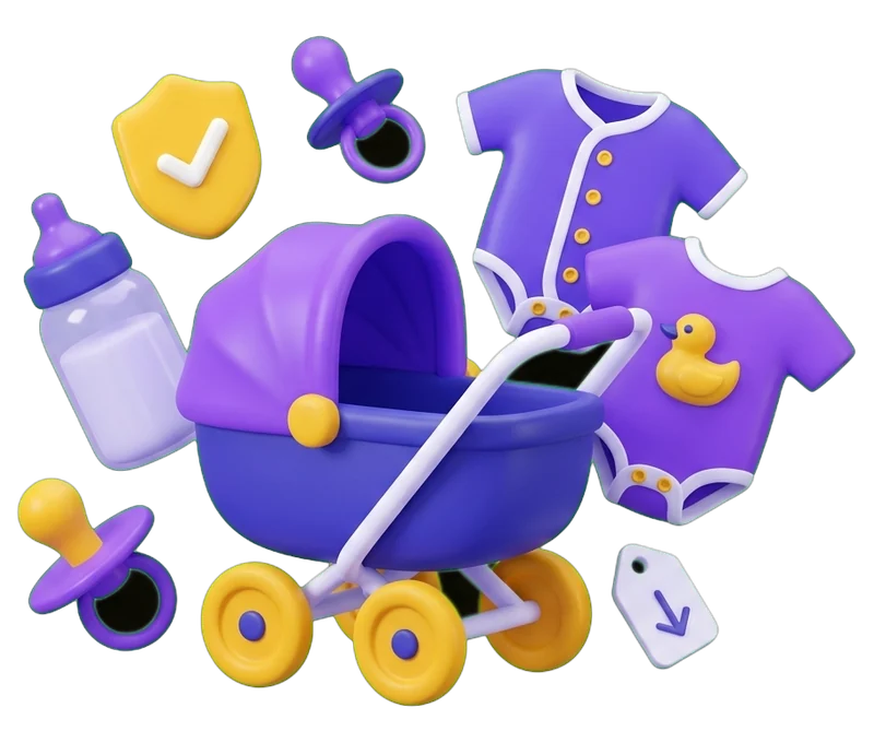 Ilustração de um carrinho de bebé, um biberão, chupetas e babygrows, com um selo de verificado e etiquetas de preço a descer