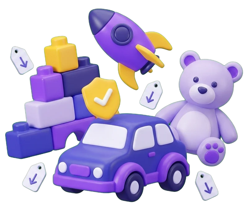 Ilustração de peças de construção, um ursinho de peluche, um foguetão e um carro de brincar, com um selo de verificado e etiquetas de preço a descer