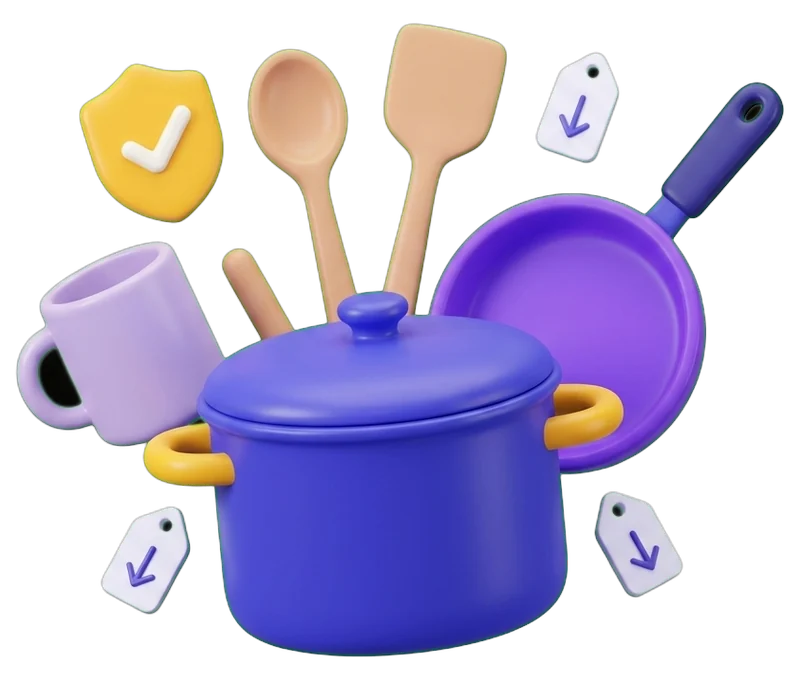 Ilustração de uma panela, uma frigideira, uma colher e uma espátula de madeira e uma caneca, com um selo de verificado e etiquetas de preço a descer