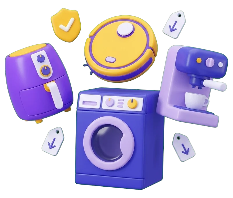Ilustração de uma air fryer, uma máquina de lavar roupa, um robot aspirador e uma máquina de café, com um selo de verificado e etiquetas de preço a descer