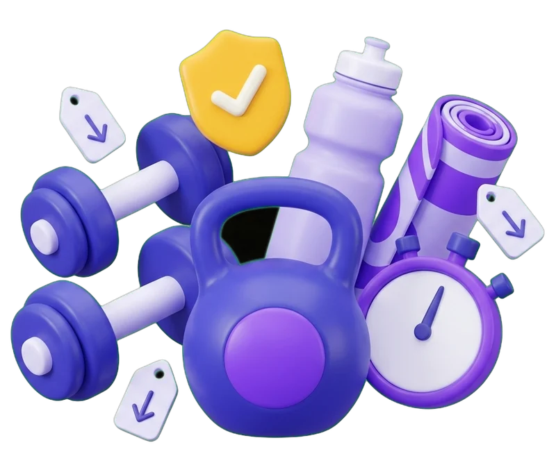 Ilustração de halteres, um kettlebell, uma garrafa de água, um tapete de ioga e um cronómetro, com um selo de verificado e etiquetas de preço a descer