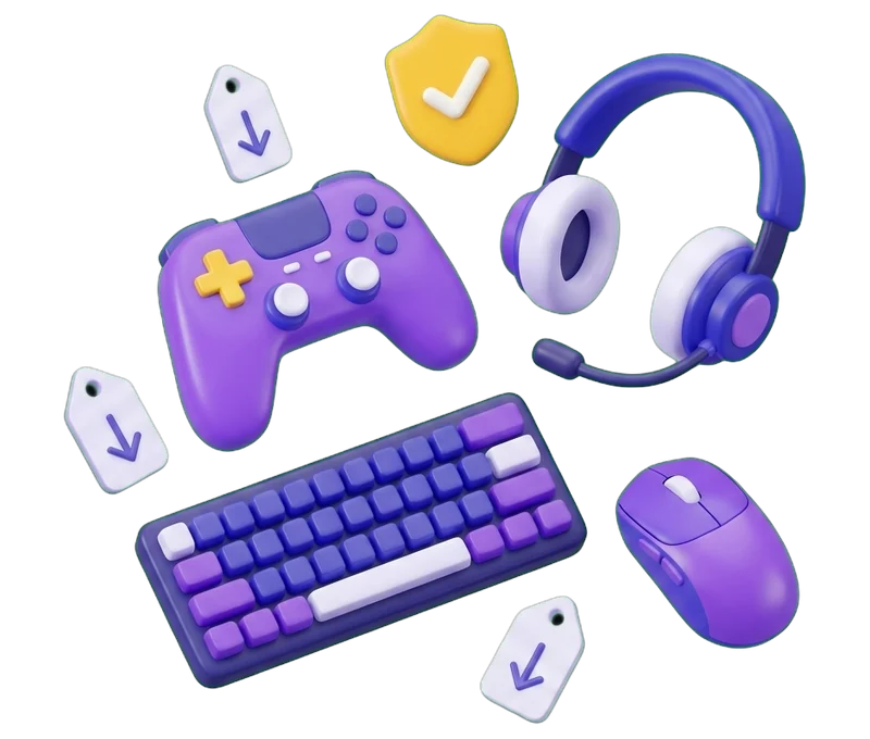 Ilustração de um comando de consola, auscultadores, um teclado e um rato, com um selo de verificado e etiquetas de preço a descer