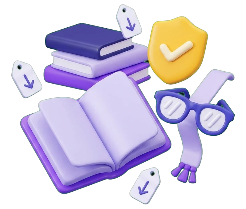 Ilustração de um livro aberto, uma pilha de livros, óculos de leitura e um marcador, com um selo de verificado e etiquetas de preço a descer