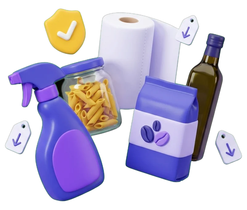 Ilustração de um pulverizador de limpeza, um frasco de massa, um rolo de papel de cozinha, um pacote de café e uma garrafa de azeite, com um selo de verificado e etiquetas de preço a descer