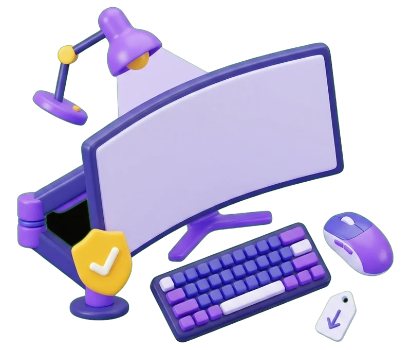 Ilustração de um monitor curvo, um teclado, um rato e um candeeiro de secretária, com um selo de verificado e etiquetas de preço a descer