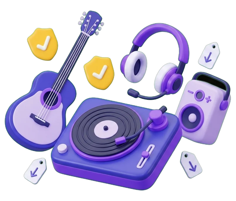 Ilustração de uma guitarra, um gira-discos, auscultadores e uma coluna, com um selo de verificado e etiquetas de preço a descer