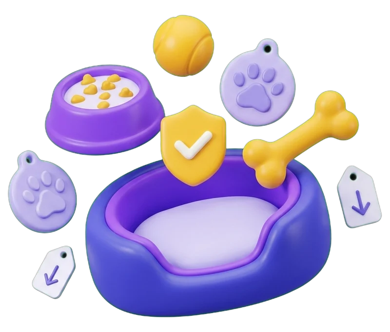 Ilustração de uma cama para animais, uma taça de ração, um osso, uma bola e uma medalha com uma pegada, com um selo de verificado e etiquetas de preço a descer