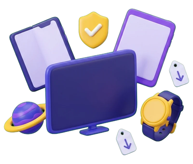 Ilustração de um telemóvel dobrável, um tablet, um televisor, um relógio inteligente e um planeta, com um selo de verificado e etiquetas de preço a descer