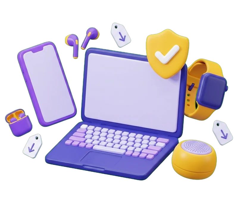 Ilustração de um portátil, um telemóvel, um relógio inteligente, auriculares e uma coluna inteligente, com um selo de verificado e etiquetas de preço a descer