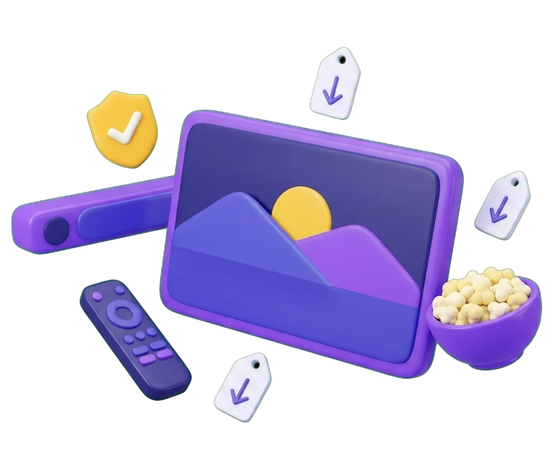 Ilustração de um televisor, uma barra de som, um comando e uma taça de pipocas, com um selo de verificado e etiquetas de preço a descer