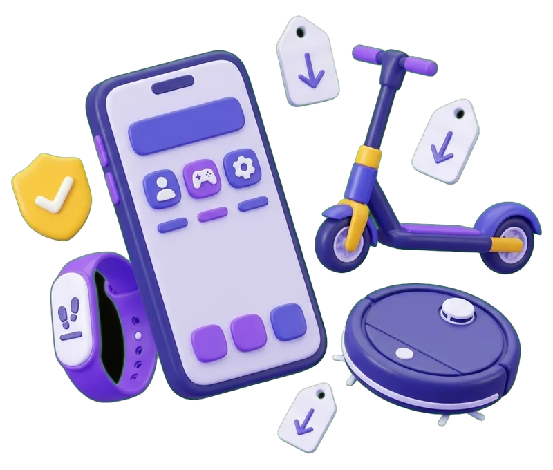 Ilustração de um telemóvel, uma trotinete elétrica, uma pulseira inteligente e um robot aspirador, com um selo de verificado e etiquetas de preço a descer