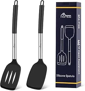 HOTEC Conjunto de 2 espátulas de silicone de alta resistência ao calor e sem BPA com alças de aço inoxidável, espátulas ranhuradas e sólidas para utensílios de cozinha antiaderentes, 13,7 polegadas, cor