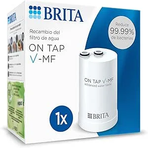 BRITA ON TAP V-MF 1 cartucho de filtro de água (600 L) – água sustentável, sem bactérias a 99,99 %, sabor melhorado, reduz micropartículas finas, PFAS, metais e substâncias que afetam o sabor. | 1 cartucho de substituição original (600 L) reduz 99,999% de bactérias, PFAS, cloro, micropartículas e metais