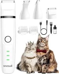 oneisall Conjunto de máquina de barbear 3 em 1 para gatos, máquina de barbear silenciosa para gatos, máquina de cortar pelos profissional para cães, patas, nádegas, atados, dingleberry (branco)