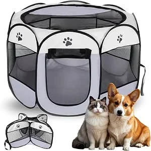 Parque para Cães 74x74x43cm, Jaula Dobrável para Gatos, Jaula Portátil para Cães, Cercadinho para Gatos, Coelhos, Animais Pequennos, Interior e Exterior (Cinza)
