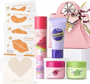 Conjunto de cuidados faciais de fruta, kit de viagem de 9 peças Skincare | com limpador tónico sérum creme de dia e noite máscaras olhos e lábios, para mulheres e adolescentes hidratante nutritivo