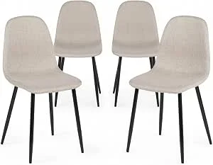 Homy Casa Conjunto de 4 cadeiras de jantar de tecido macio flameado, cadeiras laterais escandinavas com pernas de metal preto para cozinha, sala de jantar, sala de estar, quarto, bege escuro