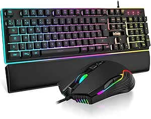 RedThunder K10 Jogo 3 em 1 de Teclado, Rato e Assentos de Pulso de Couro, Retroiluminação RGB + Toque Mecânico, Teclas Anti-Ghosting + Rato 7D 7200DPI, Layout Português, Compatível com PC/PS5/Xbox