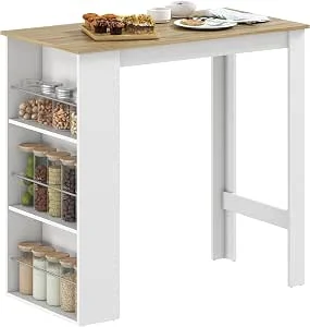 HOMCOM Mesa alta de bar, mesa de cozinha com 3 prateleiras laterais, estilo moderno, para sala de jantar, sala de estar, 112 x 57 x 106 cm, branco