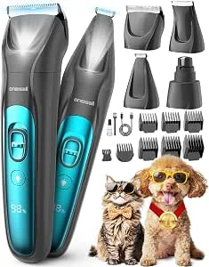 oneisall Corta-pelos silencioso para cães e gatos com luz LED, para o cuidado do pêlo de animais de estimação, corta-pelos para cães e aparador de unhas e moedor de garras (azul, 4 em 1)