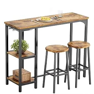 Bealife Conjunto de Mesa de Bar Alta com 2 Banquetas – Mesa Alta para Cozinha ou Sala de Estar com 2 Prateleiras e Suporte para Garrafas de Vinho (Retro)