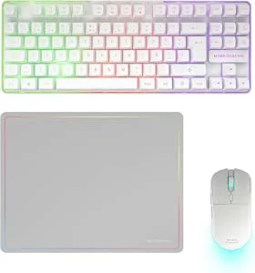 Mars Gaming MCPWTKL, Combo Gaming Sem Fios, Tecnologia DualPro Link 2.4GPRO, Teclado TKL FRGB Arco-Íris + Rato RGB 3200DPI e Switches HUANO + Tapete Antiderrapante 360x260mm, Branco, Português