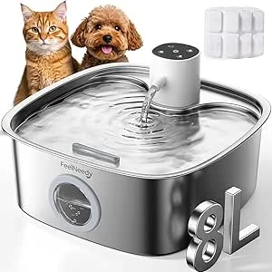 FEELNEEDY 8L Fonte para Gatos sem Fio, Bebedouro para Gatos e Cães de Aço Inoxidável com 3 Filtros, Bateria Recarregável de 5000mAh, Adequada para Lava-louças, Sensor de Radar Aprimorado