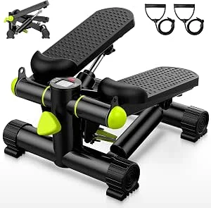 JUPPLIES Mini Stepper com bandas elásticas – Stepper Fitness em aço, pistão hidráulico silencioso, ecrã LCD, resistência ajustável e pedais antiderrapantes para tonificar e queimar gordura em casa