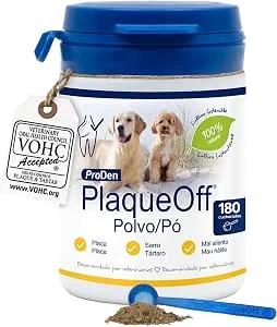 ProDen PlaqueOff Pó 60 g – Limpador de dentes 100 % natural para cães e gatos, elimina a placa, o tártaro e o mau hálito