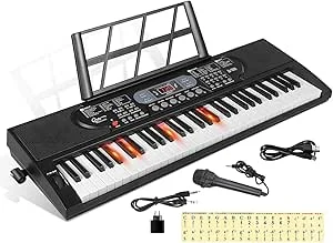 Teclado de piano de 61 teclas com microfone, notas de piano, suporte eletrônico, presente para principiantes jovens adulto homem mulher