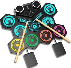 Bateria Eletrônica Portátil – CNAPXAIA Bateria para Crianças com Alto-Falantes Estéreo Incorporados, Conjunto de Bateria Eletrônica de Silicone de 9 Pads para Crianças, Adultos e Iniciantes