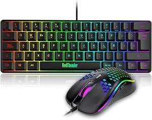 RedThunder Conjunto de Teclado Mecânico com Fios para Gaming 60%, Iluminação RGB Dinâmica, Rato Móvel Leve de 7200 dpi, Teclado Ultra-Compacto com 62 Teclas Anti-ghosting, Disposição QWERTY ES, para