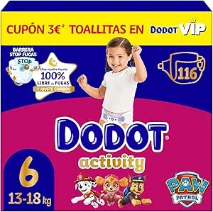 Dodot Fraldas bebé Activity, tamanho 6 (13-18 kg), 116 fraldas, até 12 h de proteção contra fugas e ajuste, pack mensal