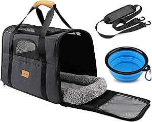 Transportadora para Cães e Gatos, Bolsa de Transporte Respirável para Animais de Estimação, Portador de Viagem com Correia de Ombro Ajustável, Transporte de Gato com Colchão Macio + Tigela Dobrável