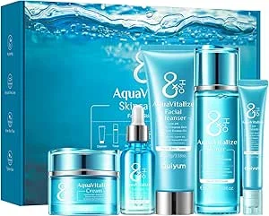 QUIYUM Set Cuidado da Pele, Set de Presente de Cuidados com a Pele para Mulher, Kit Facial de Cuidados com a Pele de 5 Peças com Leite Limpador Facial, Tônico, Creme para Olhos, Sérum e Creme Facial | Pacote anti-idade presente para mulher com leite limpo, tonificado, contorno de olhos, soro e creme facial