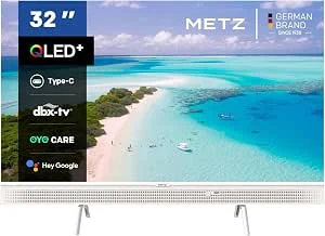 Metz 32 polegadas QLED Smart TV portátil, 32 MQE7100Z Google Television, HD, HDR10, 2 x 10 W poderosos altifalantes frontais, DBX, Dolby áudio, USB-C, Chromecast, trabalhar com o Google Assistant, Baixo. Lranco, 800 M