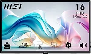 MSI Pro MP165A E6 Monitor portátil FHD de 15,6″, 1920 x 1080 IPS, 60 Hz, 4 ms, proteção ocular, altifalante / microfone integrado, HDMI 2.0b, USB C (15 WPD), montagem Vesa, preto
