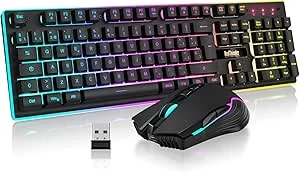 RedThunder K10 Teclado Gaming sensação mecânica sem fio, retroiluminação RGB, bateria recarregável de 3800 mAh, anti-fantasma rato 7D 3200DPI, disposição ES, para PC/PS5/Xbox-preto