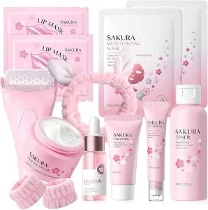 Conjunto de cuidados faciais Sakura 12 peças, conjunto de cuidados diários da pele com limpador, tonico, creme facial, máscara labial, máscara facial e acessórios, para adolescentes e mulheres