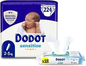 Dodot Fraldas Bebé Sensitive Tamanho 1 (2-5 kg), 224 Fraldas + Toalhitas Aqua Pure Sem Plástico, 18 Pacotes, Máxima Proteção da Pele de Dodot