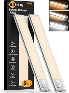 Gritin Luz de armário recarregável, 84 LED super brilhantes luzes de cozinha – 3 cores e 5 níveis de brilho, 4 modos, sensor de movimento, longa duração, fácil instalação, luzes armário magnéticas-2