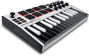 Akai Professional MPK Mini MK3 Teclado controlador MIDI USB, branco | 25 mini teclas sensíveis à velocidade, 8 Pads MPC, 8 botões, software incluído, para Beatmakers e estúdio