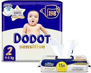 Dodot Bebé Sensitive Tamanho 2 Diaper Pack with Pure Aqua Wipes – Newborn Care Bundle (198 Diapers + 900 Wipes)