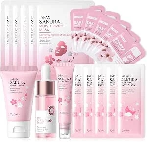 Conjunto de cuidados faciais Sakura 18 peças, conjunto de cuidados com a pele Sakura, cuidados com a pele, cuidado facial com soro, creme facial, essência para os olhos, máscara, para dormir, máscara | Cuidado de la Piel,Cuidado Facial con Suero,Crema Facial,Esencia para Ojos,Mascarilla,Máscara para Dormir,Mascarilla de Barro