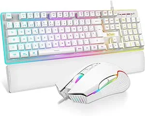 RedThunder K10 Jogo 3 em 1 de teclado, rato e apoio para pulsos de couro, retroiluminação RGB+toque mecânico, teclas anti-fantasma rato 7D 7200DPI, Layout espanhol, compatível com PC/PS5/Xbox branco