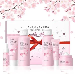 Sakura Skincare Kit, 6 peças rotina de cuidado facial | Conjunto presente de cuidados com a pele para mulher, kit beleza para adolescentes hidratante suave nutritivo antioxidante