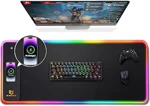 Gimars Tapete de rato Gaming RGB com 15 W carregamento sem fios, 800 × 300 mm Mousepad XXL com 10 modos de iluminação LED, tapete de rato impermeável base antiderrapante para secretária escritório