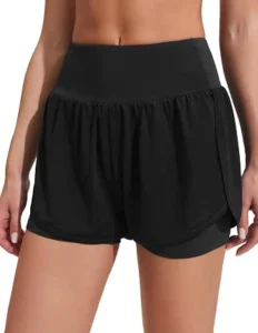 PINSPARK Calções desportivos para mulher, cintura alta, calções desportivos 2 em 1, com bolso, de secagem rápida, calções de corrida, fitness, ioga, desporto, corrida