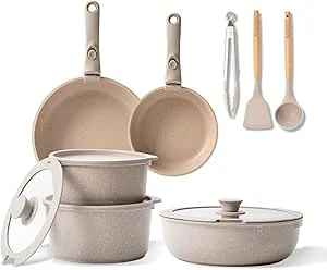 BOREINE Conjunto de panelas e frigideiras 14 peças bateria de cozinha anti-aderente | Cabo removível, adequado para indução, gás, vitrocerâmica e forno, não tóxico sem PFOA, castanho